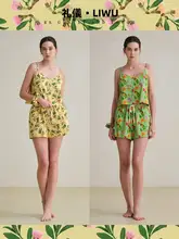 夏用コットン印花キャミソールとショートパンツのルームウェア【Vネック・セクシーなバックオープン・二色展開】（セットアップ対応）