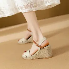 高ヒールのクロスストラップサンダル【ローマ風・麻編みソール・夏用】