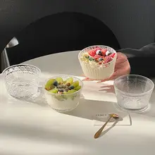 高級感あるストライプデザインのガラス製デザートボウル【アイスクリーム・ヨーグルト・サラダ用】