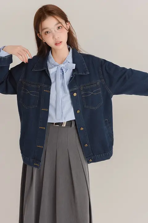 おしゃれなデニムジャケット【秋用・レトロデザイン・アカデミックスタイル】