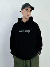 パーカー ユニセックス レターロゴ プリント 裏起毛 オーバーサイズ ルーズ ペア 春 秋 冬「WASSUP」