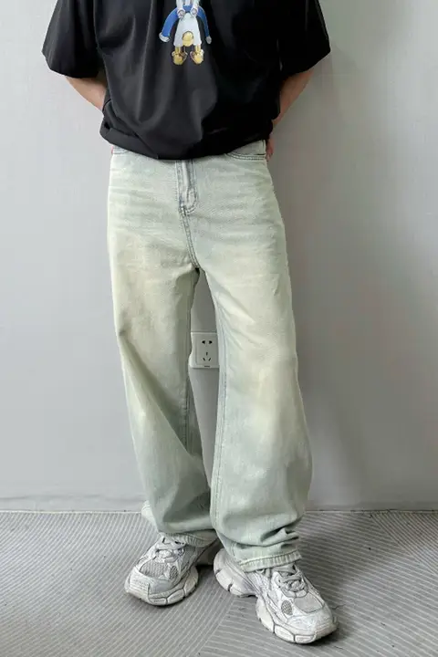 夏用 メンズロングデニムパンツ【柔らかな風合い・ヴィンテージ加工・韓国風】