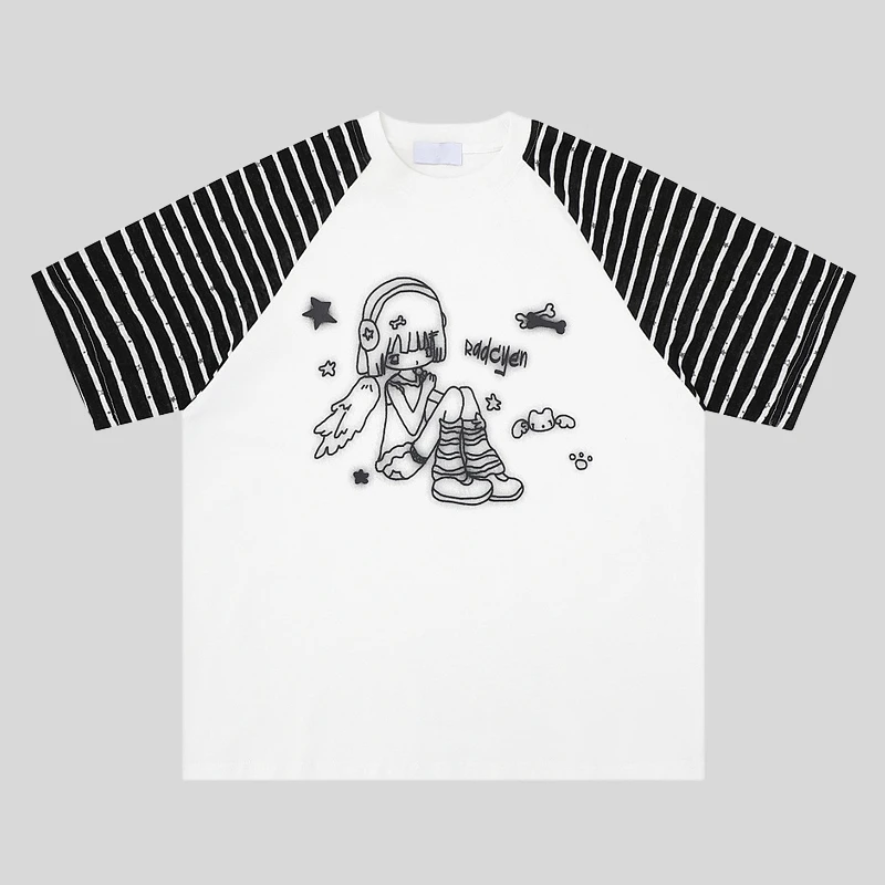 カジュアルなストライプ柄のプリントTシャツ【ミレニアルスタイル・半袖・男女兼用】