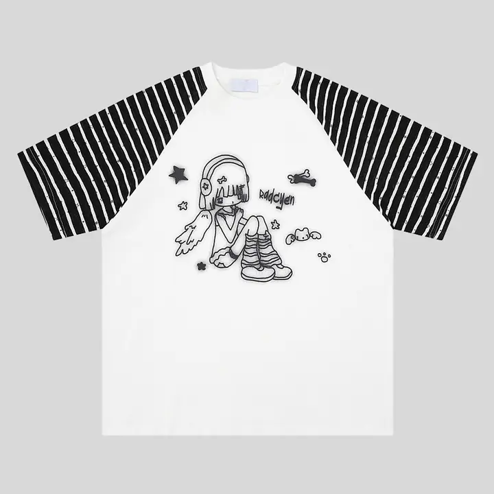 カジュアルなストライプ柄のプリントTシャツ【ミレニアルスタイル・半袖・男女兼用】
