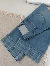 デザイン性のあるブルー格子柄ストレートデニムパンツ【梨型体型にフィット・九分丈・ワイドレッグ】