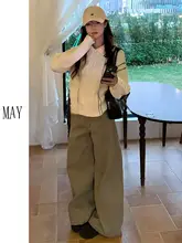 ハイウエストカジュアルカーキカラーのワイドレッグデニムパンツ【春用・スリムストレート・ロング丈】（セットアップ対応）
