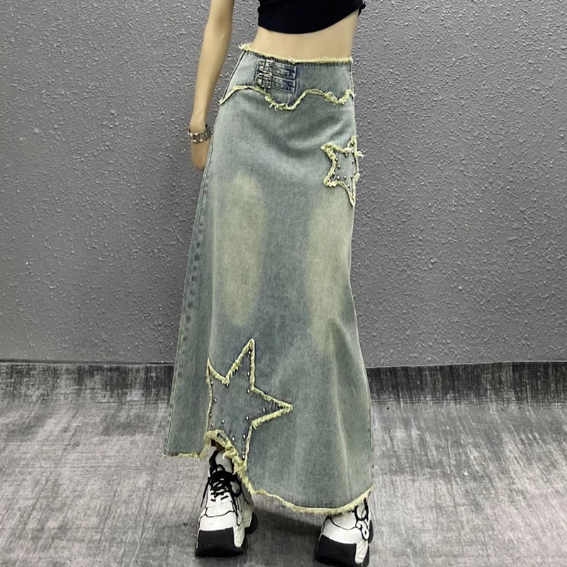 アンティーク風デニムタイトスカート【星刺繍・不規則なフリンジ・Aラインデザイン】