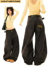 美式レトロデザインのブラックデニムパンツ【フィット・フレア・トレンドアイテム】