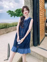フレンチスタイルのチェック柄ノースリーブデニムワンピース【夏用・女性・小柄対応】（セットアップ対応）