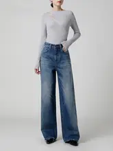 特徴的なウォッシュドワイドレッグデニムパンツ【女性用・ルーズフィット・ブラッシュ加工】
