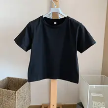 黒のショート丈Tシャツ【女性用・ハイウエスト・コットン・フィット・夏用・クロップドデザイン】