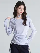 デザイン性のあるレース襟長袖Tシャツ【秋用・フレンチスタイル・飾りリボン付き】