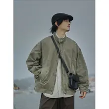 ヴィンテージ風 ウォッシュドコットン立襟ジャケット【春秋用・ルーズフィット】