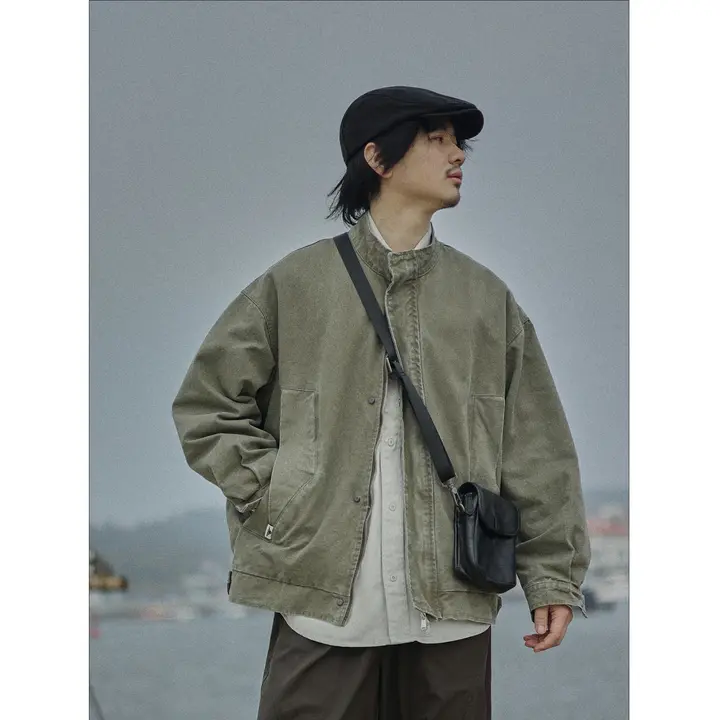 ヴィンテージ風 ウォッシュドコットン立襟ジャケット【春秋用・ルーズフィット】