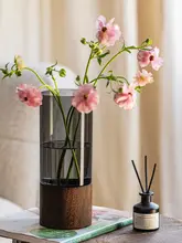 シンプルで創造的な新中式木製トレー付きアクリル直筒花瓶【富貴竹・雪柳・リビング装飾用】