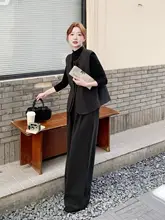 黒色 韓国風 カジュアルベストとワイドパンツ【春秋用・高級感あり】（セットアップ対応）