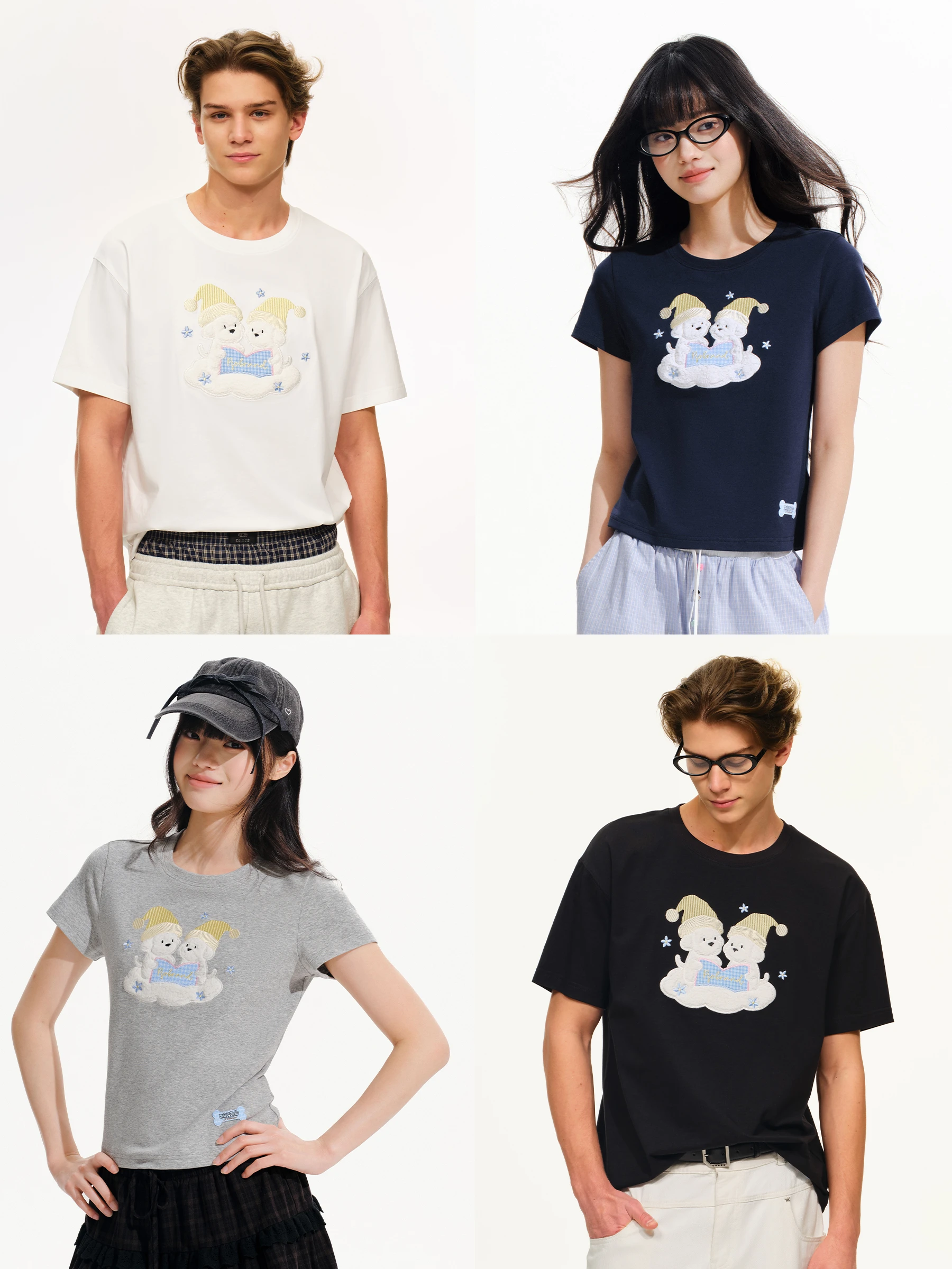 犬デザインのラウンドネックTシャツ：PSO Brandのブランドロゴが特徴的な小清新スタイル