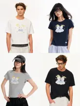 半袖Tシャツ ユニセックス クルーネック 絵本風 子犬プリント オーバーサイズ ルーズ ペア 夏 韓流 トップス「PSO Brand」