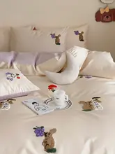 可愛いカートン刺繍の四点セット【全棉・長綿・ベッドリネン】（セットアップ対応）