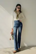 春秋用ハイウエスト青デニムパンツ【ストレッチ・フレア・スリムフィット】