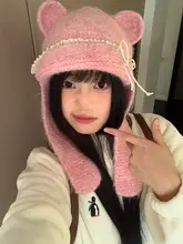 かわいいレースリボン付きクマ耳帽子【秋冬用・タートルネック・編み模様】