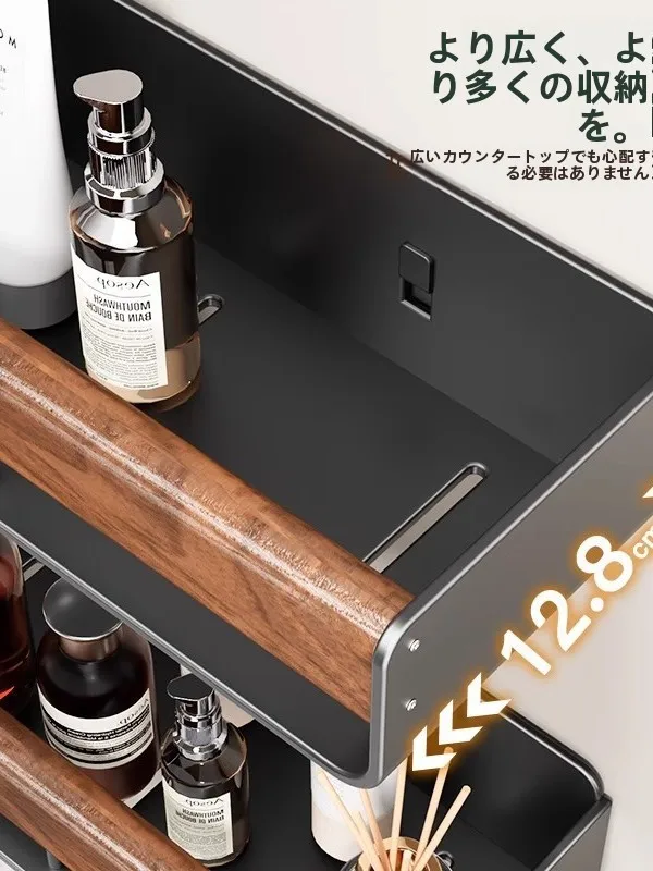 胡桃木製壁面収納ラック：穴あけ不要で簡単設置可能なキッチンバスルーム用収納
