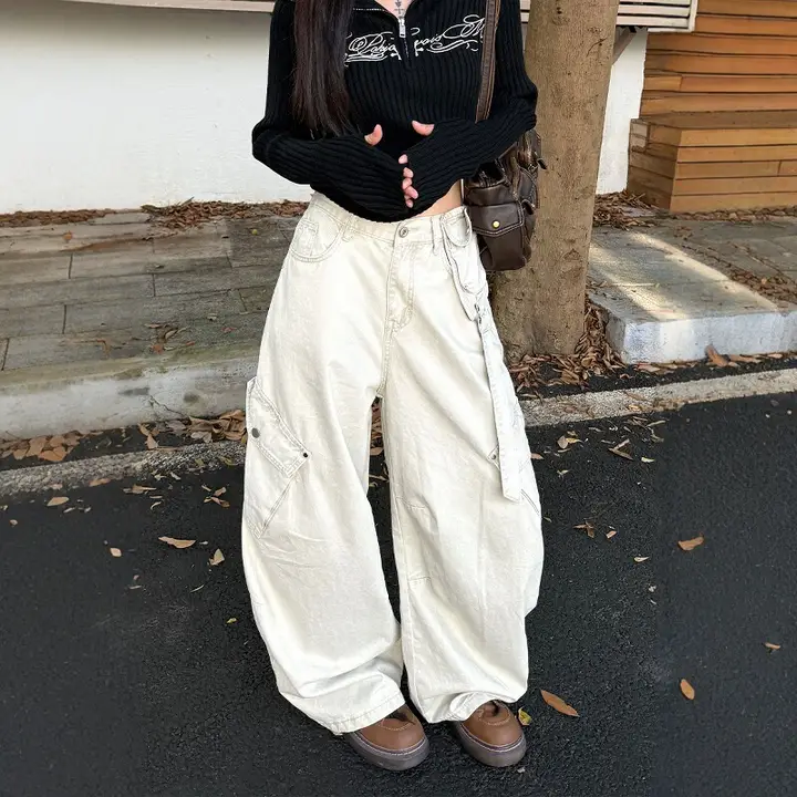 多ポケットデザインのワイドフィット工装パンツ【男女兼用・ストリートスタイル・レトロ】（セットアップ対応）
