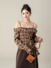 カラフルチェック柄のオフショルダーシャツ【不規則デザイン・春用】スカート（セットアップ対応）