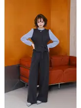 2点セット レディース フェイクレイヤード シャツブラウス スーツパンツ ウエストシェイプ 通勤 オフィスカジュアル きれいめ 「MIUCO」