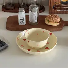プレート ご飯ボウル 一人用用 陶器 手描き 赤色 小さなハート