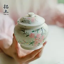 手描き桃花デザインの陶器製ストレージ容器【防湿密閉・家庭用】