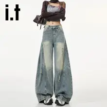 アメリカンストリートスタイルのデザイン デニムパンツ【クロップド丈・ハイウエスト・ワイドレッグ】