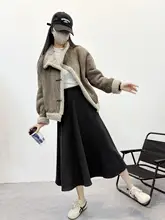 加熱加工のフランネルサテンスカート【中長丈・高腰・ワイドデザイン・スリム効果】