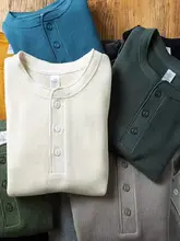 アメリカンリバイバルデザインのヘンリーネック長袖Tシャツ【高品質ワッフル生地・シンプルカラー】