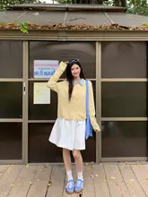 春にぴったり！イエローの翻領ニットカーディガン【韓国スタイル・双子風デザイン】（セットアップ対応）