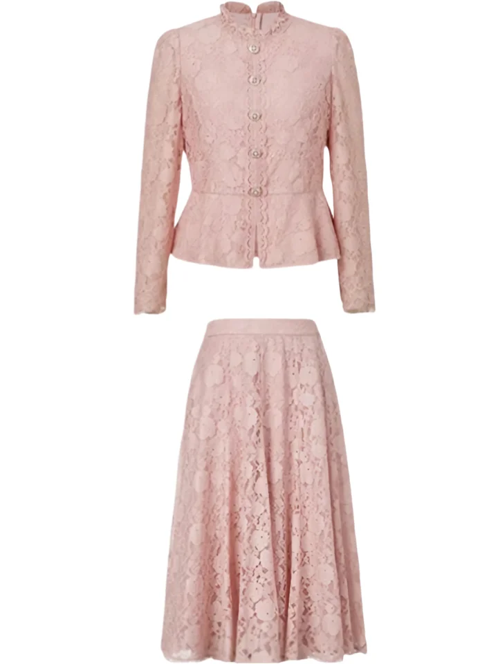 気品あふれるレースシフォンブラウスとスカート【秋用・透け感あり】（セットアップ対応）