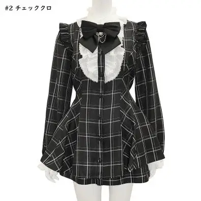 清楚系チェック柄リボンデザイントップスとスカートパンツ【カジュアルスタイル・チュニック丈】（セットアップ対応）