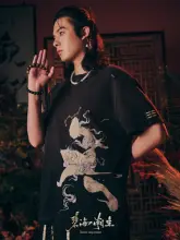 中国風デザインの水洗いできる短袖Tシャツ【純綿・刺繍プリント・男女兼用】