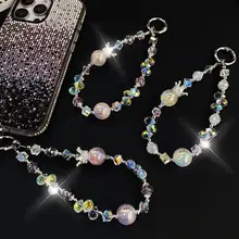 高級感ある水晶製スマホストラップ【手提げ用・ハンドチェーン・ビーズデザイン】