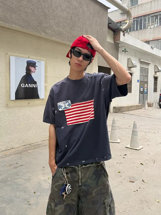 半袖Tシャツ ユニセックス アメリカン風 フラッグワッペン ルーズ カジュアル 着回し インナー 夏「EAHO」