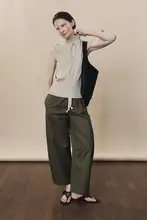 刺繍入り アコーディオンプリーツ デザインのカラー切替ストレートパンツ【粉色・九分丈・ウエストゴム】