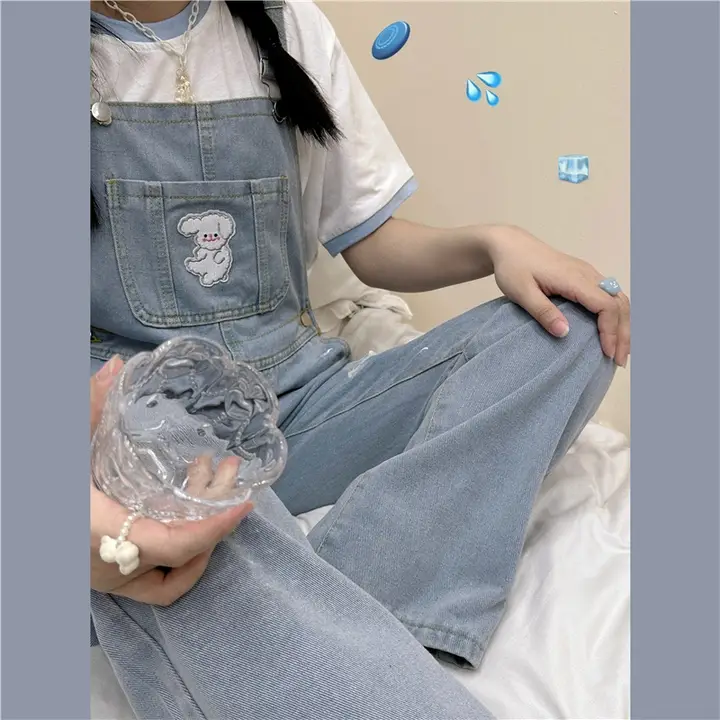 デニムサロペットパンツ 女性 秋 カジュアル ゆったり ストレートレッグ ヴィンテージ刺繍