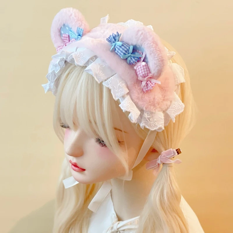 本守造手作りファー小熊デザインヘアバンド：パステルカラーで女性に人気のプレゼントアイテム