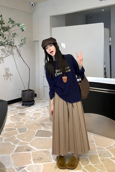 春秋用 レディース 2色配色 ハイウエスト Aライン スカート【ヴィンテージ風・プリーツデザイン・ミディ丈】