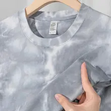 灰白色の重厚なタイダイ柄コットン半袖Tシャツ【夏用・ルーズフィット・ユニセックス】