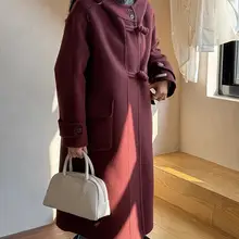 Uniko フード付きレッドダブルフェイスウールコート【冬用・ロング丈・ボタンデザイン】