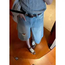 夏用のクールなストリートスタイル！毛辺りデザインの破れたワイドデニムショートパンツ（セットアップ対応）