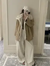 カーキ色デザインの工装中綿コート【冬用・エコファー付き・ミドル丈】