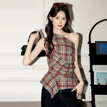 チェック柄アシンメトリックノースリーブキャミソールワンピース【女性用・オープンショルダー・美背デザイン】（セットアップ対応）