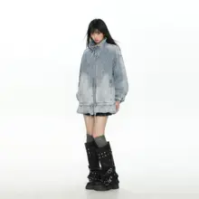 水洗いしたヴィンテージ風シュシュ付きデニムジャケット【立襟・春秋用・女性用】